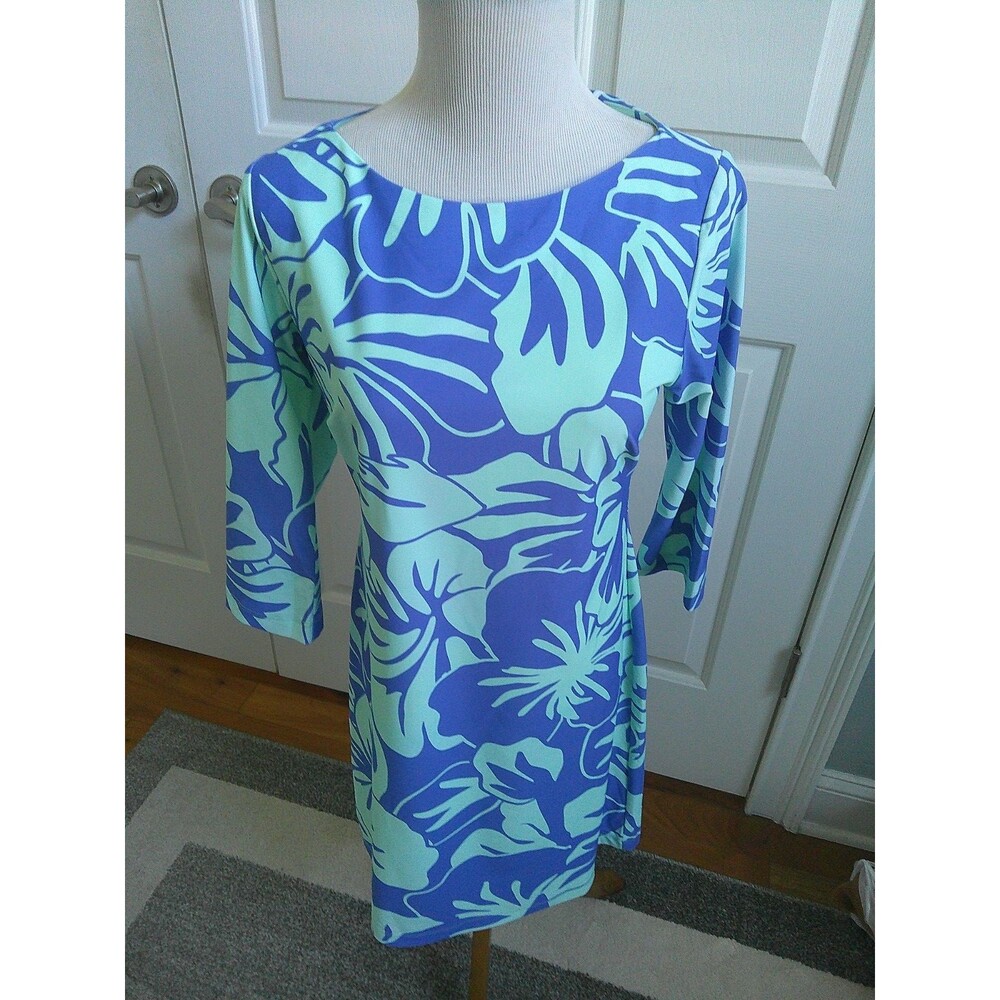 NWT  Britt Ryan 2 Tone Blue Palm Leaf Dress  Nylon / Spandex Size XS Made In USA